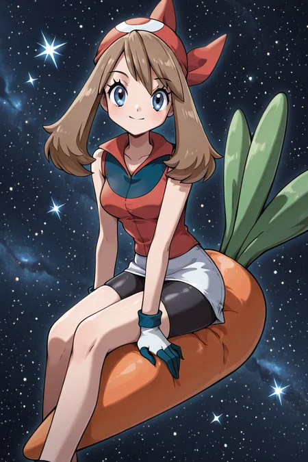[used img2img] masterpiece, best quality, looking at viewer, smile,    may (pokemon), 1girl, bandana, bike shorts, red bandana, gloves, skirt, space, sitting on a big floating carrot, stars,   ,<lora:LittleMyMay_KarotConCarneIL:1.0>,