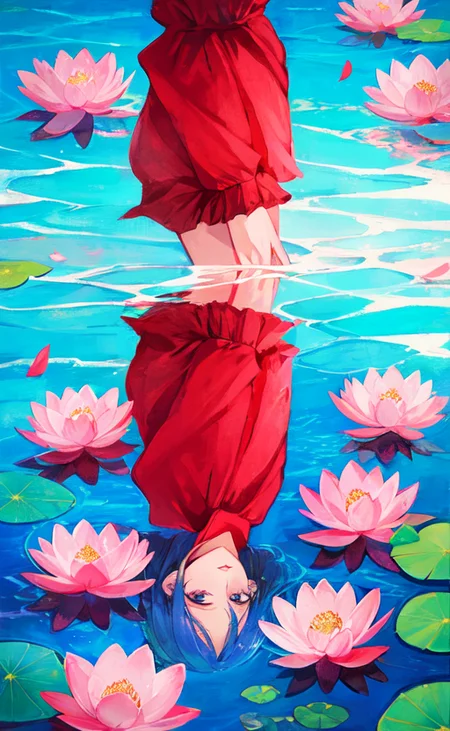 Samia, girl, solo, shirt, looking at you, face, perfect, flowers, high quality, radiant, knight, godly, red shirt, red velvet, water, ocean, lotus