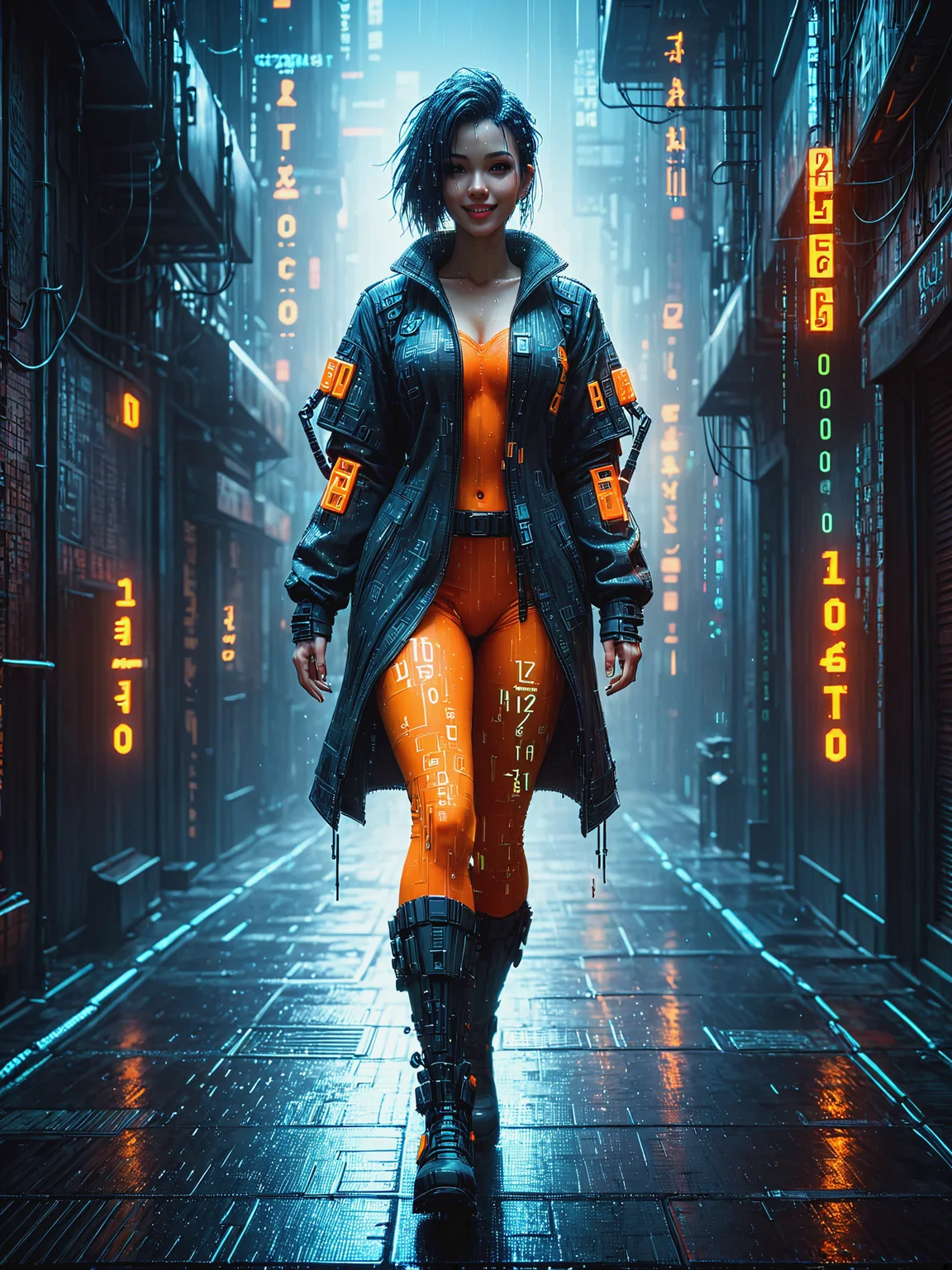 woman walking through cyberpunk alley, floating orange numbers, light smile, night, rain, haze, <lora:Neon_Cyberpunk_Datastream_SDXL:1> mad-dtstrm, (masterpiece:1.2), best quality