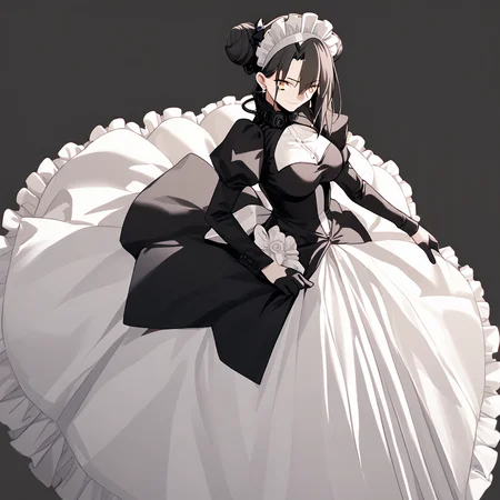 <lora:Takeuchi_Takashi_PonyXL_style_v01:1>
<lora:agent.pony:1>
score_9 , score_8_up , score_7_up , source_anime , 
masterpiece , best quality , ultra-detailed , 
BREAK
agent \(girls' frontline\), maid
1girl , woman , huge breasts , light smile , light blush , ((jeanne d'arc (fate)):0.5)  , 
long black hair  , maid dress ,  
elegant