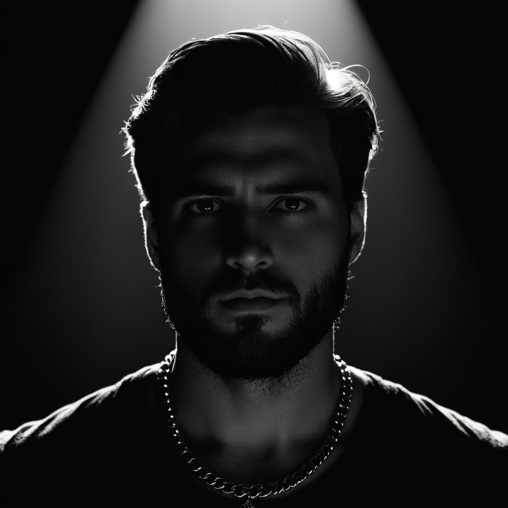 cinematic film still of  <lora:Low-key lighting Style:1>
dim light, low light, dramatic light, partially covered in shadow, a man with a beard and a necklace Low-key lighting Style,solo,looking at viewer,simple background,1boy,closed mouth,monochrome,greyscale,male focus,black background,portrait,realistic, shallow depth of field, vignette, highly detailed, high budget, bokeh, cinemascope, moody, epic, gorgeous, film grain, grainy
