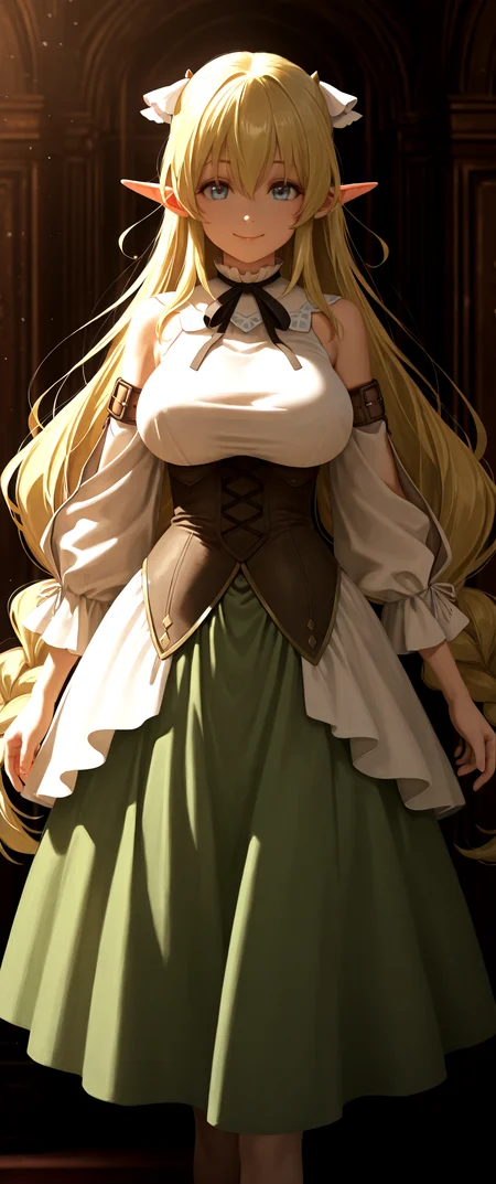 masterpiece, best quality, amazing quality, ultra-detailed, absurdres, highly detailed, cinematic lighting, realistic shading, intricate details, soft lighting, high contrast, depth of field, <lora:LyruleIllustV3-000005:0.99>  lilulu_(choyoyu), std_outfit black_ribbon brown_corset detached_sleeves green_skirt, smile