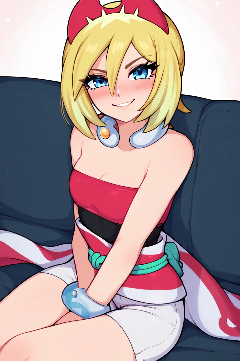 score_9, score_8_up, score_8, medium breasts, (curvy), cute, eyelashes, ,,, zzIrida, blonde hair, blue eyes, short hair, bangs, hair between eyes, red hairband, bracelet, neck ring, red shirt, sash, solo, strapless shirt, white shorts, waist cape, <lora:Irida_Pokemon_PDXL_Citron:0.8>, ,,, hand between legs, blush, smug, ,,, smile, looking at viewer, blush, blurry, couch, sitting, ,,, <lora:Afrobull_PDXL_v5:0.8>, , ,,, BREAK, smile, looking at viewer, cowboy shot, embedding:zPDXL, Expressiveh, <lora:SDXLFaeTastic2400:0.5>, <lora:Expressive_H-000001:0.4>,