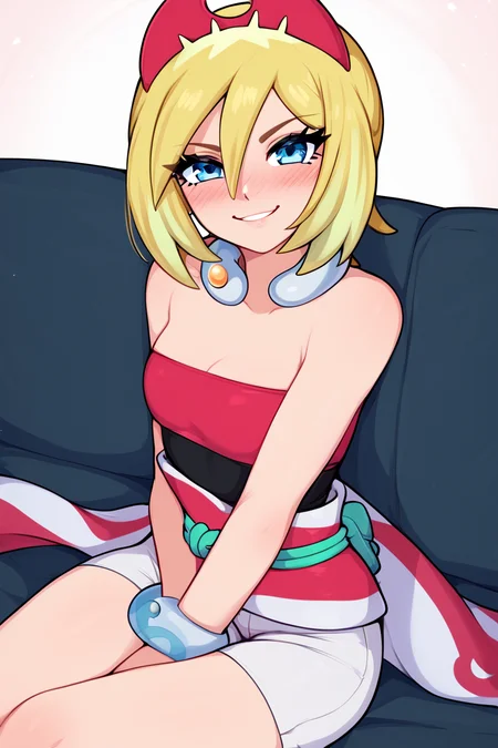 score_9, score_8_up, score_8, medium breasts, (curvy), cute, eyelashes, ,,, zzIrida, blonde hair, blue eyes, short hair, bangs, hair between eyes, red hairband, bracelet, neck ring, red shirt, sash, solo, strapless shirt, white shorts, waist cape, <lora:Irida_Pokemon_PDXL_Citron:0.8>, ,,, hand between legs, blush, smug, ,,, smile, looking at viewer, blush, blurry, couch, sitting, ,,, <lora:Afrobull_PDXL_v5:0.8>, , ,,, BREAK, smile, looking at viewer, cowboy shot, embedding:zPDXL, Expressiveh, <lora:SDXLFaeTastic2400:0.5>, <lora:Expressive_H-000001:0.4>,