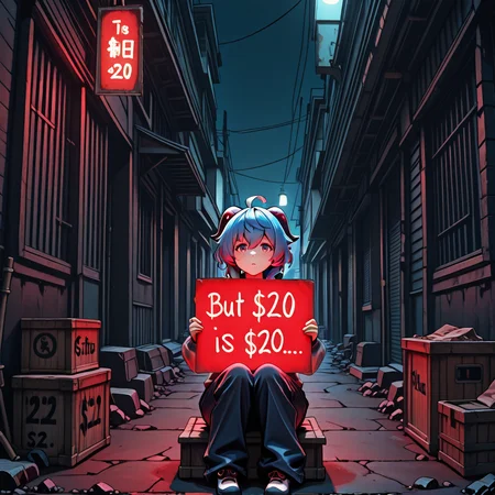 20is20, holding sign, anime, 1girl, sign, masterpiece, looking at viewer, ganyu, dark alley, outdoors, sitting, dark background <lora:$20_is_$20_Holding_Sign_v1.0_-_Illustrious_by_JANXD:1>