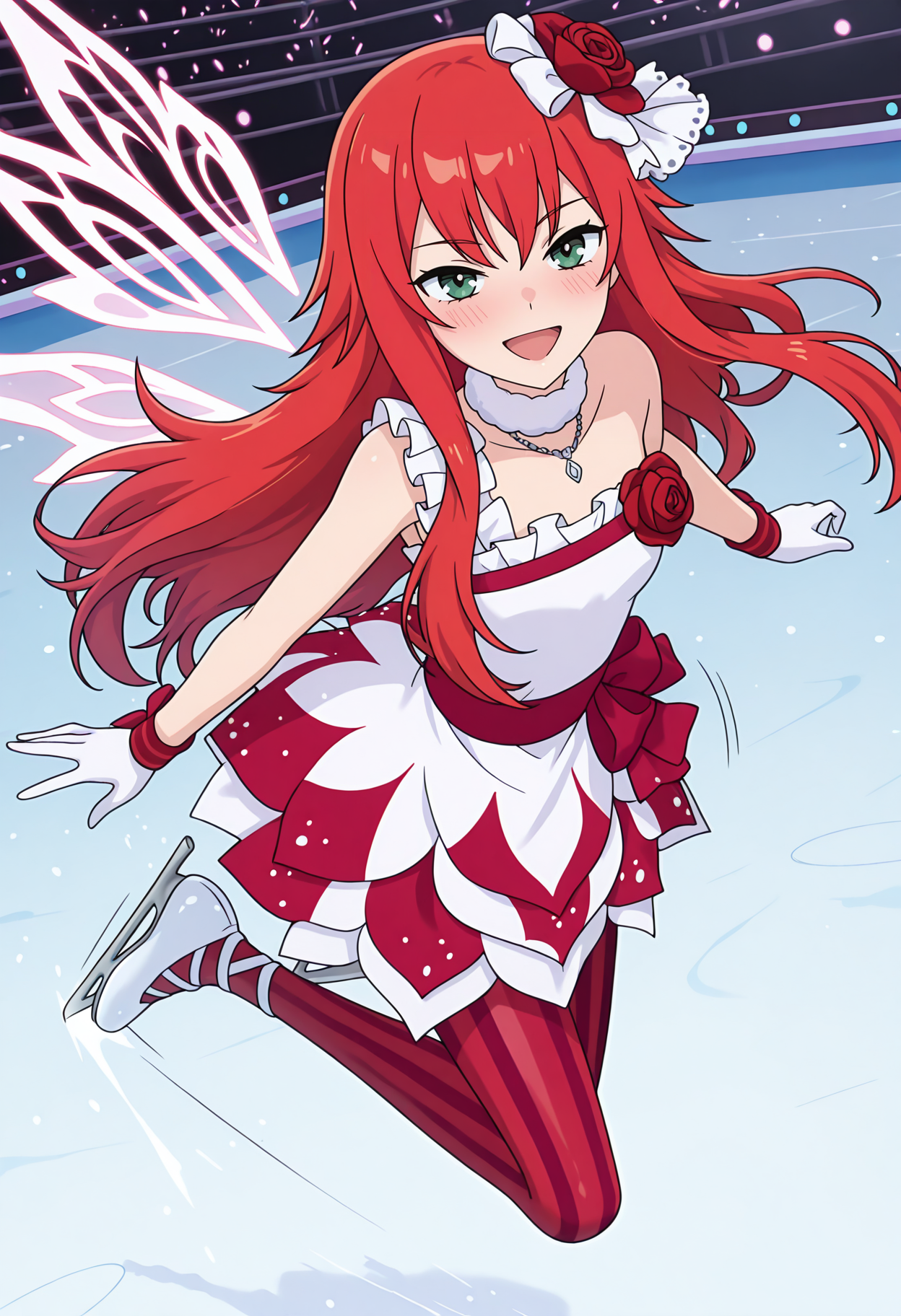 highres, best quality, masterpiece,
1girl, solo,
blush,
<lora:_beru_renjouji-elesico-ilxlB:1>  figure skating, skating rink, rnlvberu, long hair, red hair, green eyes, anime screencap,pbersdpc, red rose, hair flower, two-tone dress, fur-trimmed choker, white choker, necklace, white dress, red dress, red rose, single strap, frilled straps, bare shoulders, white gloves, red wristband, red pantyhose, striped pantyhose, vertical-striped pantyhose, holographic wings,motion lines, smile, open mouth, looking at viewer, jumping, stage,