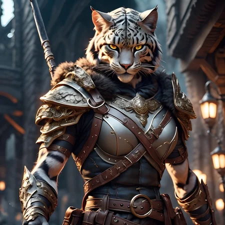 RAW photo, (masterpiece:1.3), subsurface scattering, heavy shadow, (high quality:1.4), (intricate, high detail:1.2), professional photography, HDR, High Dynamic Range, realistic, ultra realistic, photorealistic, high resolution, film photography, ambient lighting, atmospheric effects, <lora:detail_slider_v4:2>, OverallDetail, <lora:Catfolk:1>, 1boy, 1girl, armor, artist name, belt, boots, breasts, catfolk, furry, furry male, gloves, holding staff, holding weapon, looking at viewer, male focus, outdoors, shoulder armor, signature, solo, upper body, weapon, whiskers, yellow eyes, epiCPhoto