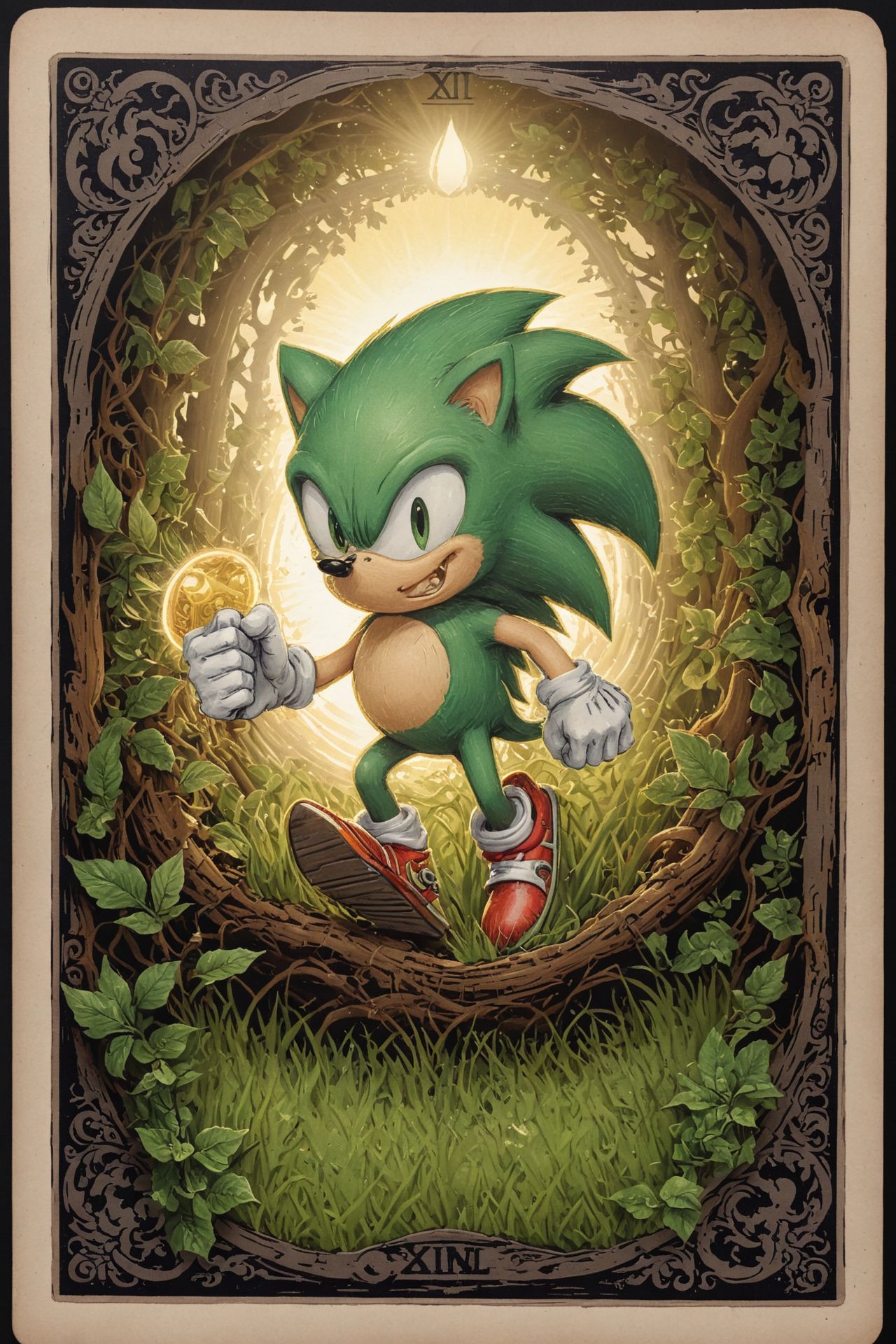 Sonic, running in Green Hill Zone, rings. Tarot Card, glow
many details, extreme detailed, full of details,
<lora:sss:0.8>
sss, translucent, subsurface, scattering
<lora:ral-vbrntacyl-sdxl:0.35>
 ral-vbrntacyl 
<lora:Tarot_Card:0.7> 
(prompt by @AIDigitalMediaAgency:0.01)
<lora:papercut:1> papercut