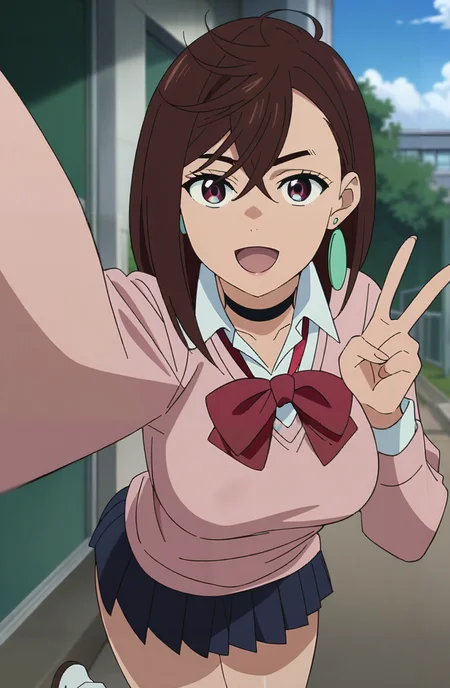 (masterpiece), (best quality), newest, (intricate details, very aesthetic), good hands, 1girl,  <lora:momo_ayase-animagine:1> ayase_wz, medium hair, brown hair, brown eyes, large breasts, chocker, red bowtie, , pink cardigan, long cardigan,  long sleeves, blue skirt, pleated skirt, miniskirt,  school uniform, earrings, collared shirt, white shirt, alternate costume, loose socks, white socks, selfie, cellphone, :d, v, outdoors, school, anime anime coloring, looking at viewer,