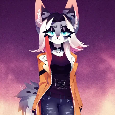 digital_media_(artwork) hi_res, score_9, score_8_up, score_7_up, score_6_up, score_5_up, score_4_up, rating_safe, beautiful, intricate, high quality details, highly detailed, amazing quality, anthro, furry, no humans, furry female, detailed textured fur, fur tufts, fluffy, cute, cute face, small, detailed sexy eyes, solo, SFW, ocelot, expressive, sassy, multicolored hair, streaked hair, absurdres, highres, shirt, denim pants, leather jacket, choker, clothed slim, clothed slender, clothed skinny, goth, heavy eyeliner, heavy eye shadow, breasts, vivid colors, Dexechiistyle