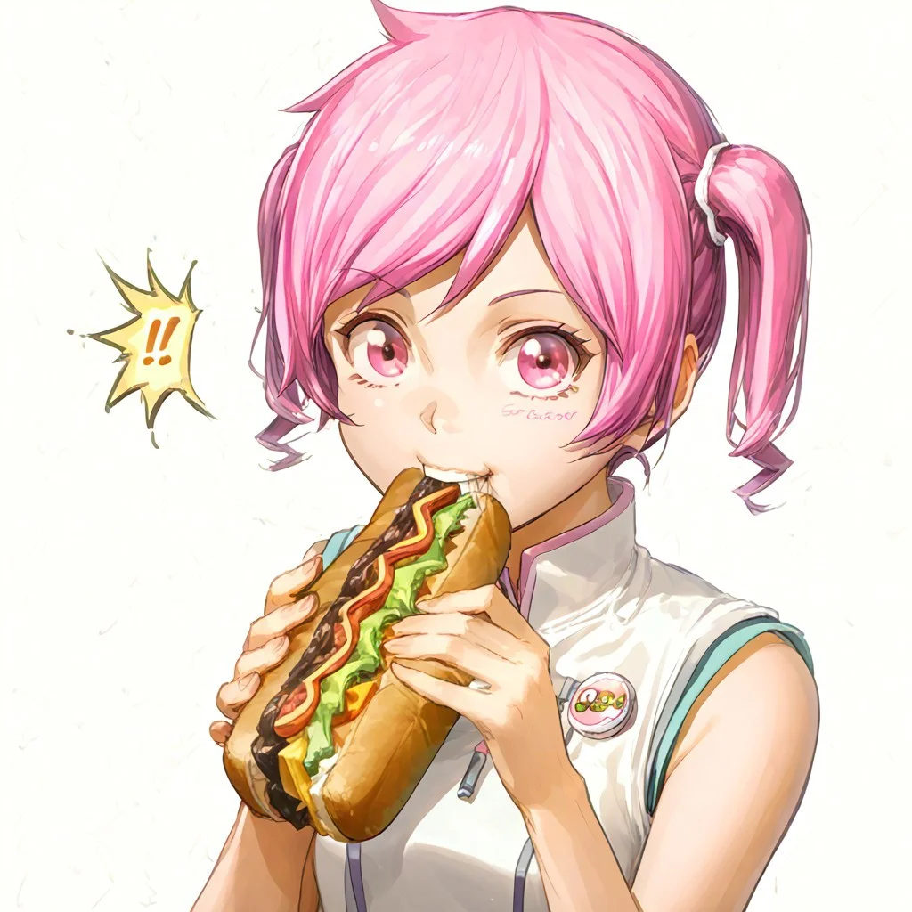 solo, 1girl, akiho_rindou, pink hair, twintails, pink eyes, deli, holding, sandwich, biting , looking at viewer, surprised, absurdres, 4kres, source_anime, score_7_or_higher, csr style, mammoth_metal_style