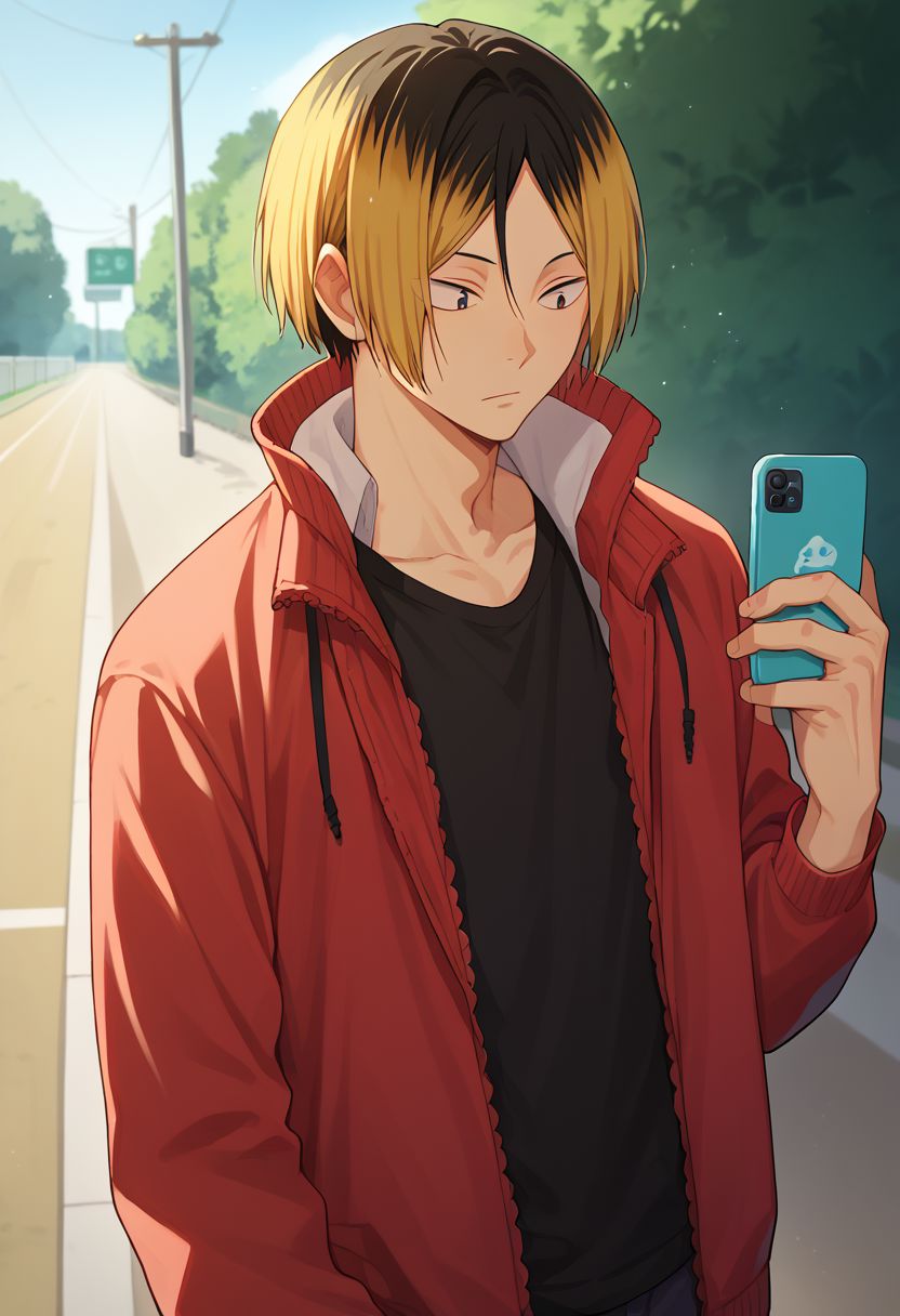 score_9, score_8_up, score_7_up, source_anime, highly detailed, 
kenma, 1boy, male focus, multicolored hair, phone, cellphone, blonde hair, solo, two-tone hair, smartphone, black hair, jacket, track jack,
outdoor,