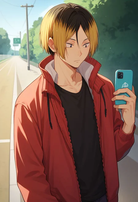 score_9, score_8_up, score_7_up, source_anime, highly detailed, 
kenma, 1boy, male focus, multicolored hair, phone, cellphone, blonde hair, solo, two-tone hair, smartphone, black hair, jacket, track jack,
outdoor,