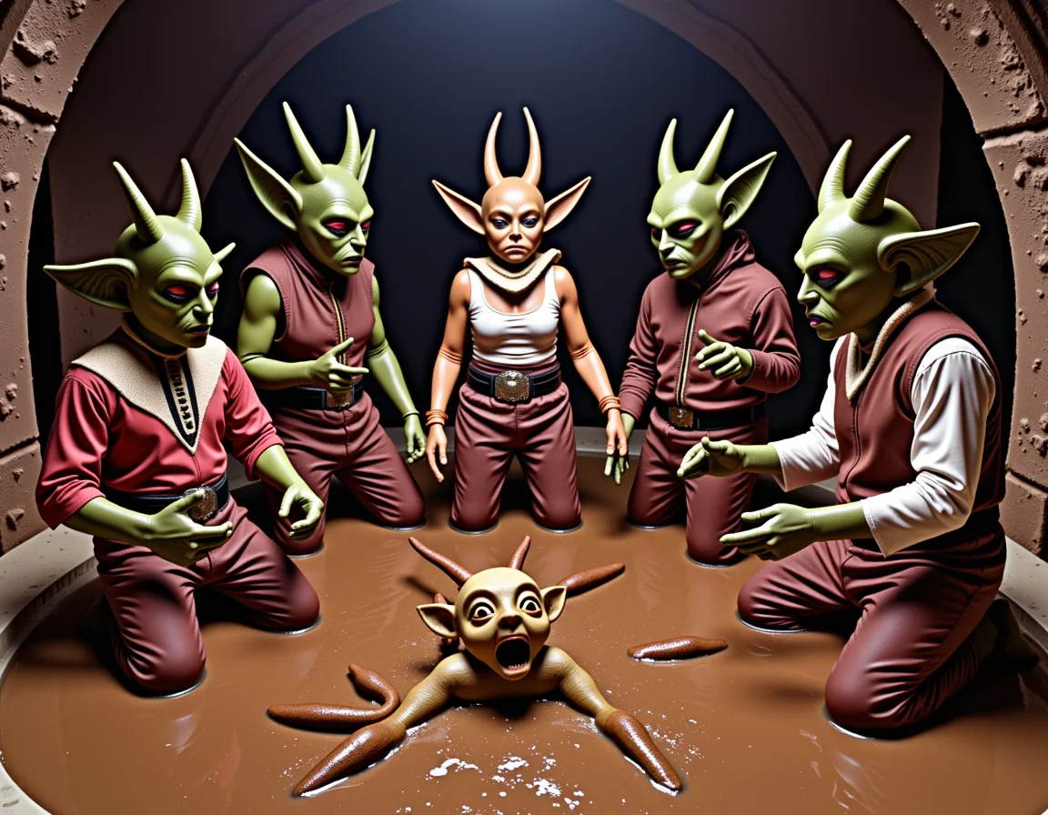 A card with western wear alien elves from Space Force fighting a war against Miss Elizabeth and her quartet of mercenaries, in the Sarlacc brown gravy pit.