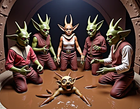 A card with western wear alien elves from Space Force fighting a war against Miss Elizabeth and her quartet of mercenaries, in the Sarlacc brown gravy pit.