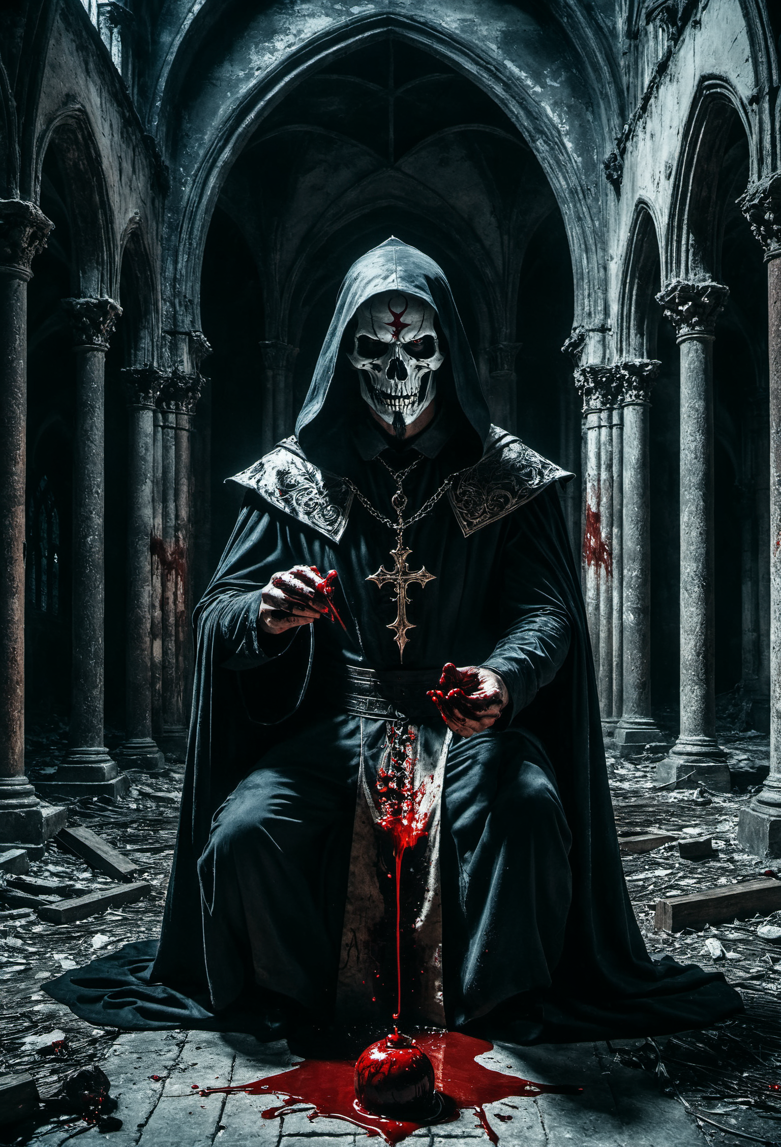 Horror-themed create for me a vision of an evil magician practicing blood magic and necromancy in an ancient abandoned cathedral, Hyperrealistic art cinematic film still photography in the style of detailed hyperrealism photoshoot,RAW,color graded portra 400 film,remarkable color,realistic dull skin noise,Thorough,analog style,highest quality,skin pores,sharp focus,dappled lighting,film grain,photographed on a Sony A7R IV,18mm F/1.7 cine lens,(highly detailed, intricately detailed),8k,HDR, . Eerie, unsettling, dark, spooky, suspenseful, grim, highly detailed