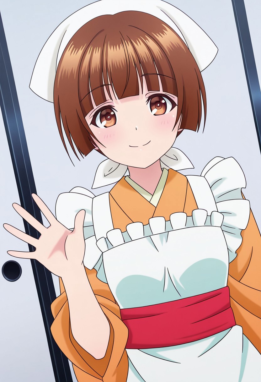 general,highres, ultra-detailed,very aesthetic,best quality ,best hands,best eyes,easynegative,
dynamic anglre, dutch angle, anime cloring,anime screencap,
1girl solo,looking at viewer,smile,washitsu,waving hand, 
Chitose Nakai,brown_hair, hime cut, brown eyes, small breasts, short body,short hair, Japanese clothes, yukata,apron,