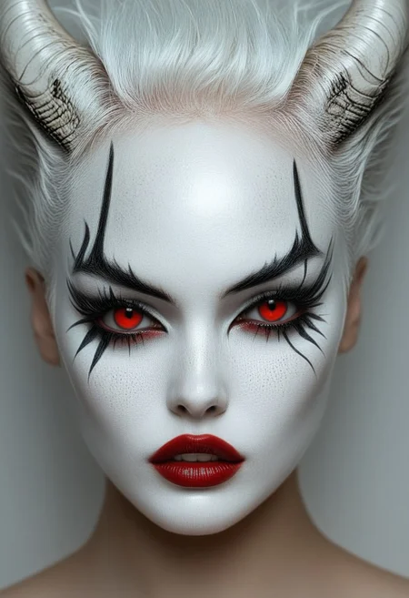 This is a hyper-realistic CGI artwork depicting a fantastical, otherworldly character with an emphasis on dark fantasy aesthetics. The subject is a young, androgynous person with pale, smooth skin and striking, piercing red eyes that stand out starkly against their white face paint. Their expression is intense and somewhat menacing, with a subtle smirk. The face is adorned with intricate, black, angular lines extending from the eyes, giving it a tribal or demonic appearance.rockabilly style, horns, 1girl, solo, red eyes, looking at viewer, white hair, lips, portrait, eyelashes, makeup, 1950's