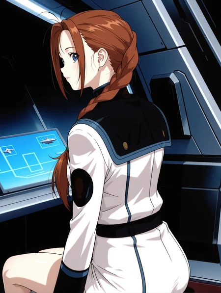 masterpiece,best quality,newest,
anime screencap,1girl,solo,
<lora:Livi_Donen_ilxl_v1.2:1>,Livi,antenna hair,brown hair,blue eyes,single braid,L_clothes,pencil_skirt,
<lora:Fixhands_anime_bdsqlsz_V1:1>,spacecraft,cockpitheadset,science fiction,sitting,fake screenshot,from behind,looking_back,face_focus,