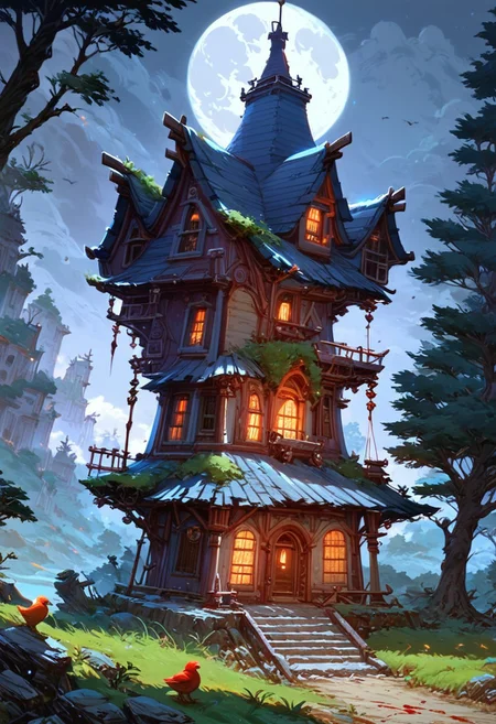 score_9, score_8_up, score_7_up, masterpiece, landscape, old forest, gnarled trees, grass, ancient houses, dilapidated buildings, shacks, witch houses, buildings, sun, epiCPhoto, long shadows, eerie, moon, bleeding moon,dancing house, house on chicken legs