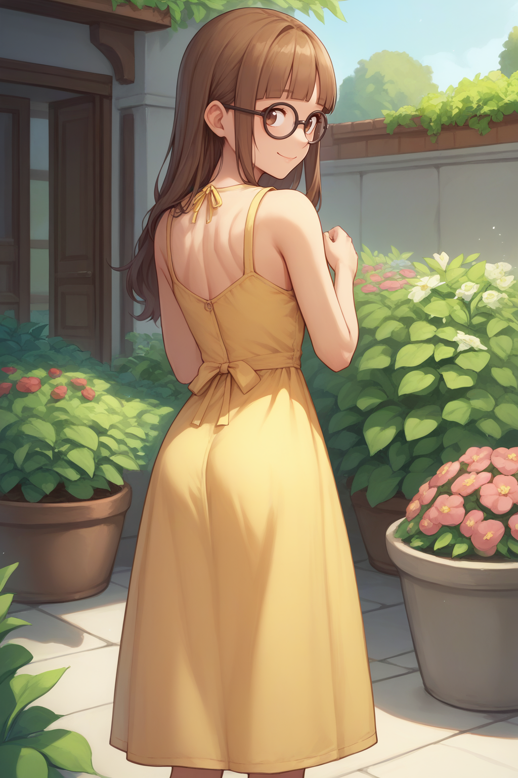 score_9, score_8_up, 1girl, solo,<lora:NSAlicePortia:1> NSAlicePortia, brown hair, long hair, brown eyes, blunt bangs, glasses, yellow sundress, from behind, looking back, smile, garden