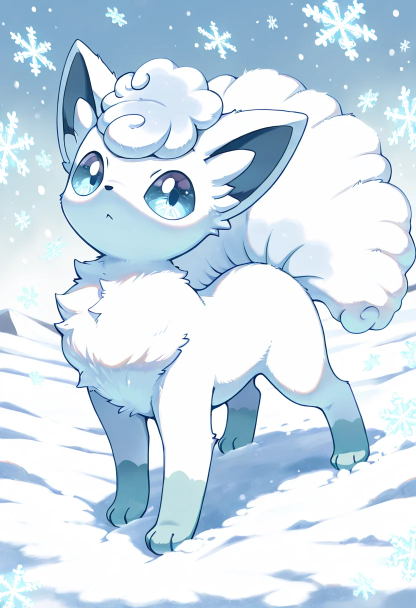masterpiece, best quality, no humans,     zzVulpixA, fluffy,   solo, full body, looking at viewer, orange fur, white fur, nine tails, fluffy tail, fox, large eyes, standing, winter background, snowflakes, playing in the snow  ,<lora:VulpixAlolanPokedex_IXL_v1:1.0>,