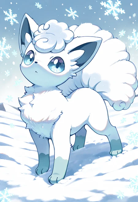 masterpiece, best quality, no humans, zzVulpixA, fluffy, solo, full body, looking at viewer, orange fur, white fur, nine tails, fluffy tail, fox, large eyes, standing, winter background, snowflakes, playing in the snow ,<lora:VulpixAlolanPokedex_IXL_v1:1.0>,