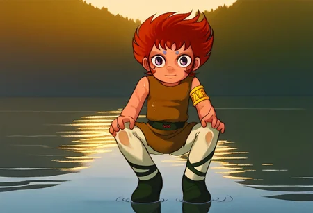 score_9, score_8_up, score_7_up, score_6_up, saintkiki, young, cute boy, male, spiky red-orange hair, large purple eyes, two purple markings on forehead, 1boy, solo, sleeveless tunic, black belt with buckle, golden arm bracelet, white pants, black boots, crisscross straps, beautiful eyes, expressive eyes, androgynous, beautiful face, wet clothes, , great lake background, aid291, smiling, sweet, petite, cute