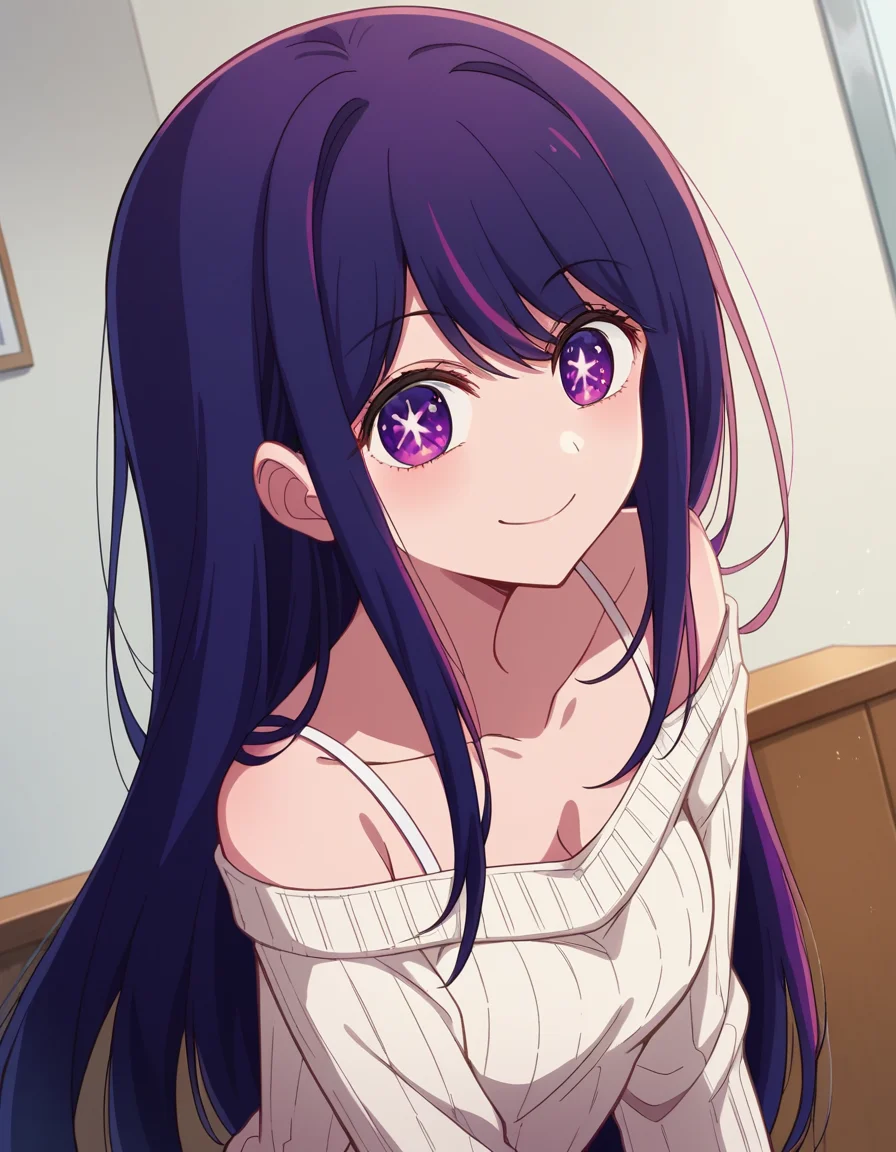 score_9, score_8_up, score_7_up, source_anime,
aihoshino, <lora:ai-hoshino-s1-ponyxl-lora-nochekaiser:1>,
ai hoshino, long hair, bangs, purple eyes, purple hair, symbol-shaped pupils,
long sleeves, sweater, ribbed sweater, camisole, white camisole,
indoors, smile, bent over,
looking at viewer, cowboy shot, dutch angle, solo,