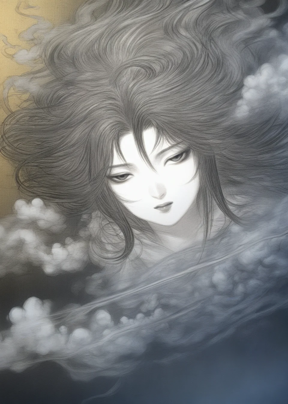 by amano yoshitaka, 1girl, solo, masterpiece, best quality, 8K, high detail, wallpaper, illustration, best lighting, beautiful face, detailed face, smoke, amano yoshitaka, flying, hires <lora:amano_yoshitaka_xl:1>