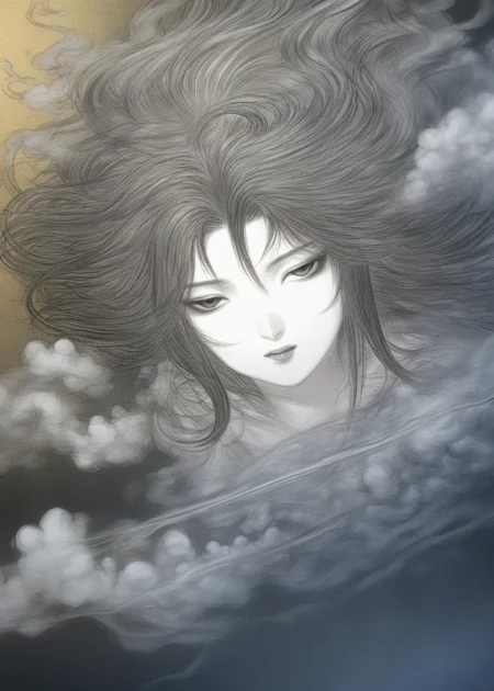 by amano yoshitaka, 1girl, solo, masterpiece, best quality, 8K, high detail, wallpaper, illustration, best lighting, beautiful face, detailed face,  smoke, amano yoshitaka, flying, hires <lora:amano_yoshitaka_xl:1>