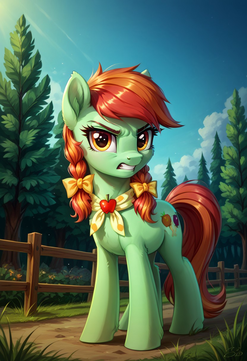 safe_pos, safe_pos, score_9, score_8_up, score_7_up, score_6_up,
Candy Apples, the earth pony's body is green, its hair and tail are pearly pink, two pigtails are tied in yellow bows, and its eyes are dark orange, female


realistic illustration, spectacular angle, in the house , (day), 1 girl, solo, pony, my little pony, body, shiny skin, looking at you, unhappy, angry
solo