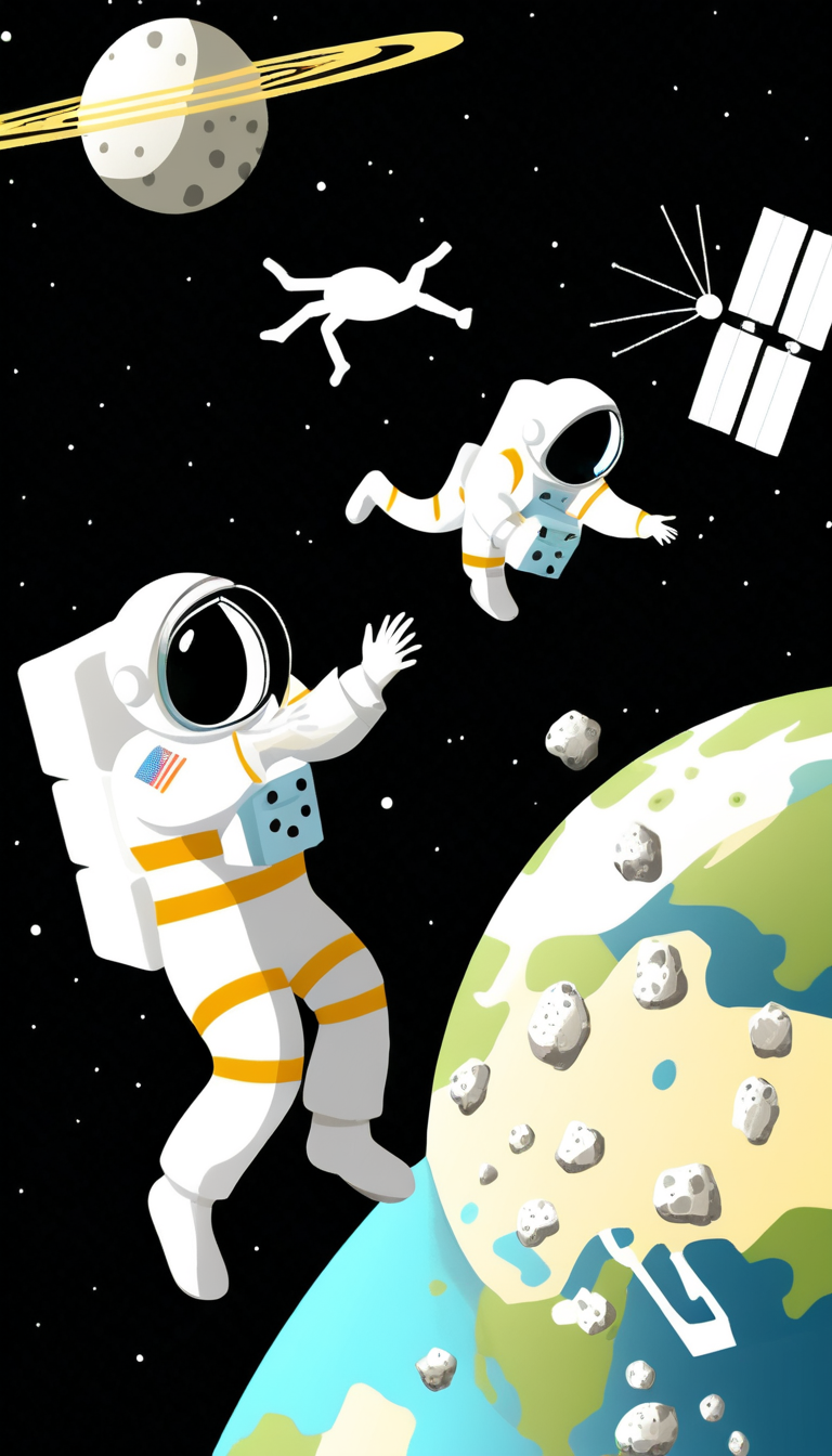A space station orbiting Earth where astronaut kids encounter friendly aliens exchanging moon rocks and playing zero-gravity tag   <lora:Everly Heights TaleSpinner XL:1>