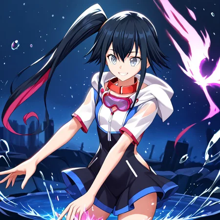shiki_dwno, long black hair, multicolored hair, side ponytail, gray eyes, giyinka, hood, dress, goggles around neck, purple hologram,   glowing, DonMCyb3rSp4c3XL,  gn_drive, gn_particles,  glowing_eyes, light_particles, sparks, digital world, digital,  dissolving, disintegration, smile,