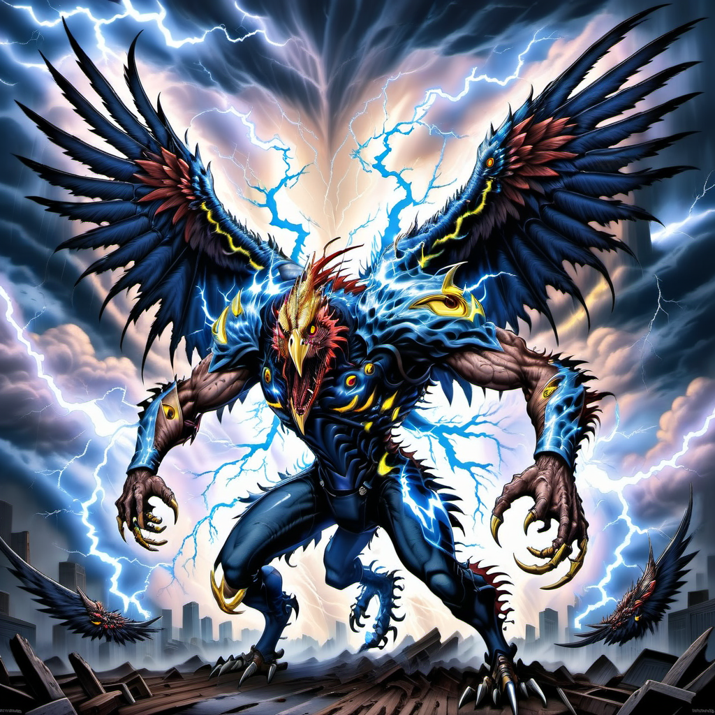 hyper detailed masterpiece, dynamic, awesome quality,ral-jeans, fleshmutant, demon, large majestic formidable powerful mythical bird,  sharp edged lightning-like feathers, thunderous flapping of wings produces thunder, power, transformation, natural forces, thunder, lightning, nervous,shady,breakdown,yearning,recovery<lora:Fleshmutant_R2:1>