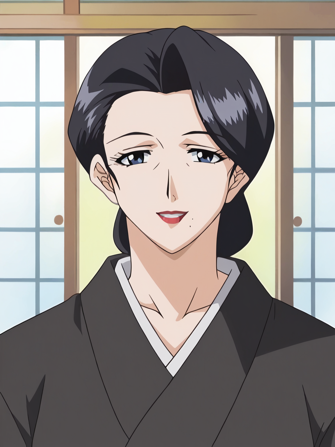 <lora:Sumie-Nikuyome:1>,sumie,1girl,solo,black hair,mole under mouth,lipstick,mature female,blue eyes,breasts,kimono,upper body,looking at viewer,smile,indoors