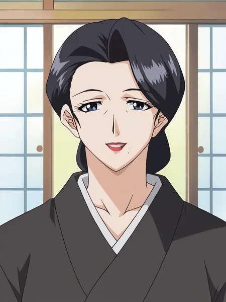 <lora:Sumie-Nikuyome:1>,sumie,1girl,solo,black hair,mole under mouth,lipstick,mature female,blue eyes,breasts,kimono,upper body,looking at viewer,smile,indoors