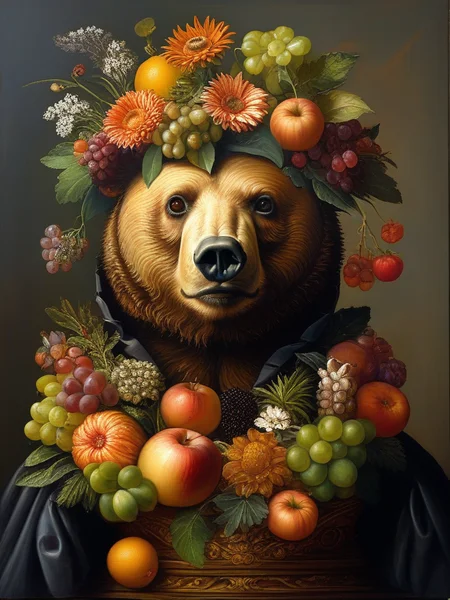 masterpiece,best quality,oil painting,illustration,(((bear))),style of Giuseppe Arcimboldo,fruits,vegetables,flowers,fish and books,<lora:tbh108-sdxl:0.8>,