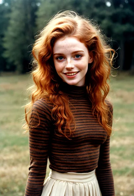 1980s vintage RAW photo, adorable 24yo (upper body:1.2), a cute irish redhead girl, warm turtleneck, braless, striped vintage shirt, perky small tits, striped, skirt, extremely long curly hair, grin and seductive, confident, many freckles,natural body, stretch marks, skin pores, imperfections, natural, beautiful eyes, pale skin, choker, outdoor, film grain, nsfw, pantyhose, skirtlift pantyless, candid camera, color graded cinematic