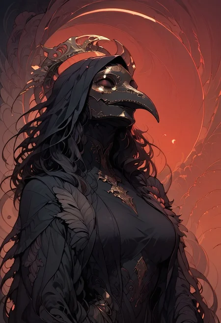 zPDXL3 , Expressiveh , score_9 , score_8 , score_7 , score_6_up , highly detailed , high quality , high res , skindentation , Art Noveau , Noveau ,
solo ,female , plague doctor, mask , dark halo , feathered wing , black feather , feather coat , voluptuous , dress , 
(blood eclipse , red sky ,background) ,