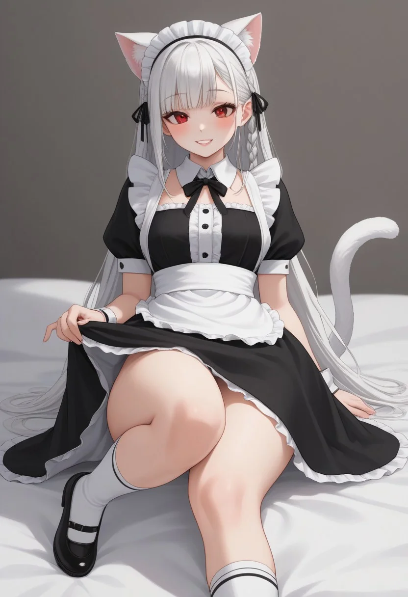 1girl, anime, Whirte hair, braid on the side hair, bangs, medium long hair, White cat ears, Fluff in ears, white cat tail, white skin, small boobs, wide hips, maid outfit , ankle socks, red eyes, semi close eyes , smile, lipstick , blush easynegative,ng_deepnegative_v1_75t