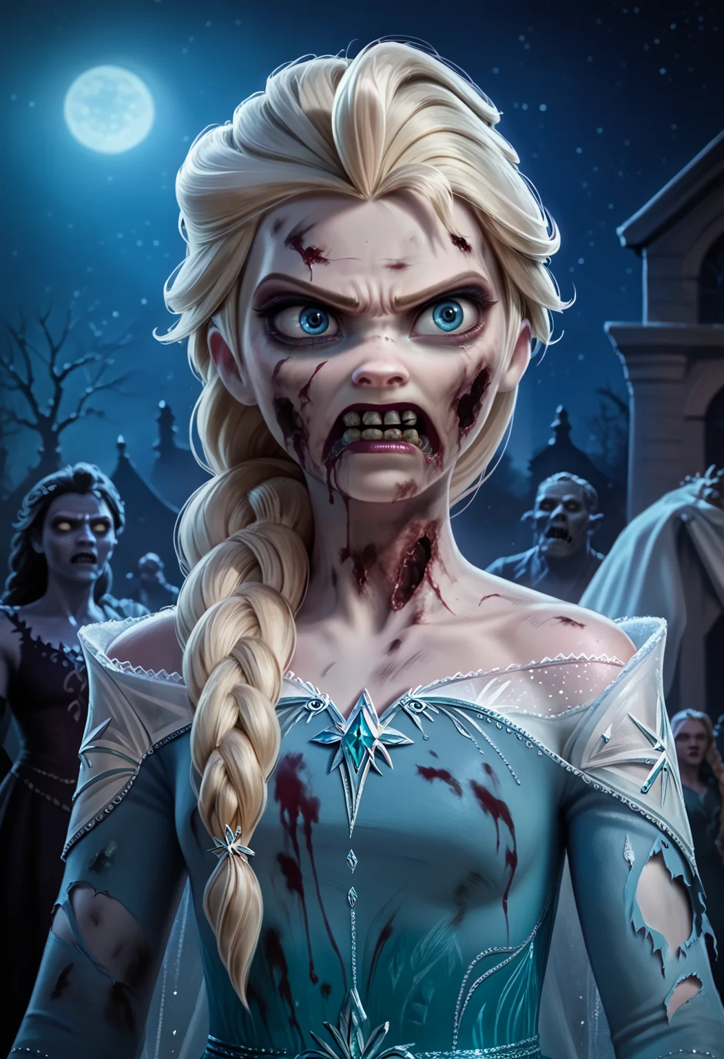 score_9, score_8_up, score_7_up, rating_safe, concept art, digital art, realistic,
zombie, blood, teeth,
1girl, elsa \(frozen\), blonde hair, long hair, blue eyes, single braid,
dress,(torn clothes:1.3),
angry, standing, outdoors, night, night sky, dark background <lora:Concept Art Ultimatum Style LoRA_Pony XL v6:1> <lora:ZombieXL:1.5> <lora:ElsaXL:1>