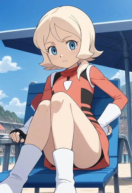 <lora:Hyper-SDXL-8steps-lora:1> <lora:Fixhands_anime_bdsqlsz_V1:1> zPDXL2, score_9, score_8_up, score_7_up, source_anime, intricate details, perfect anatomy BREAK
outdoors, beach, ocean, audience, crowd, looking at viewer, lounging, leaning back, elbow rest, lounge chair, from below, Dopey, Wide-eyed, slack-jawed, and with a goofy expression.,,
1girl, solo, solo focus <lora:GAGE-emily_armond_XL(pony)v10:1> gage-emily, blonde hair, short hair, low ponytail, blue eyes, gage-emily outfit, red dress, fingerless gloves, red skirt, white boots,