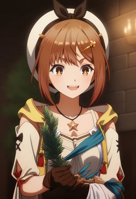 <lora:Reisalin_Ryza_Stout:.8>Ryza, short hair, Brown hair, hairclip, brown eyes, hat, star necklace, jewelry, gloves,, happy girl,