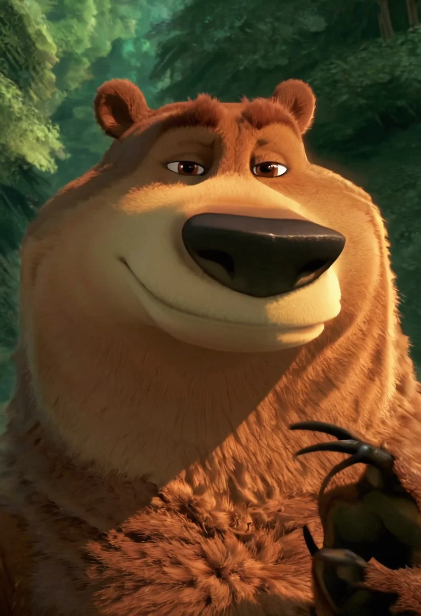 score_9, score_8_up, score_7_up, score_6_up, score_5_up, score_4_up, perfect, masterpiece, boog, bear, brown fur, furry, male, 3D, fat, tiny ears, black nose, brown eyes, close up, front focus, claws, standing, forest, looking at viewer, smirk, Expressiveh, best quality, high res, perfect, screencap, bluray,