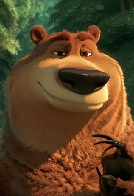 score_9, score_8_up, score_7_up, score_6_up, score_5_up, score_4_up, perfect, masterpiece, boog, bear, brown fur, furry, male, 3D, fat, tiny ears, black nose, brown eyes, close up, front focus, claws, standing, forest, looking at viewer, smirk, Expressiveh, best quality, high res, perfect, screencap, bluray,
