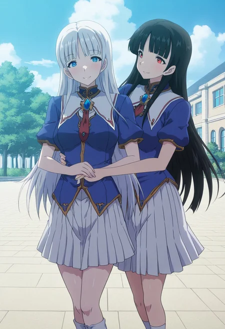 score_9,score_8_up,score_7_up,source_anime,5_figner,2d_animation,game cg,BREAK,(2girls:1.2),(couple:1.2),BREAK,
Sherry White,white hair,long hair,hime cut,blue eyes,
school uniform, short sleeves, brooch, red necktie, white skirt,white socks,BREAK,
Reily Black,black hair,long hair,hime cut,red eyes,
school uniform, short sleeves, brooch, red necktie, white skirt,white socks,BREAK,
blush,smile,cowboyshot,
school,fantasy,outdoor,
masterpiece,best qualit,ultra-detailed,illustration,an extremely delicate and beautiful,beautiful detailed eyes,unity 8k wallpaper,high resolution,anime CG,official_art,