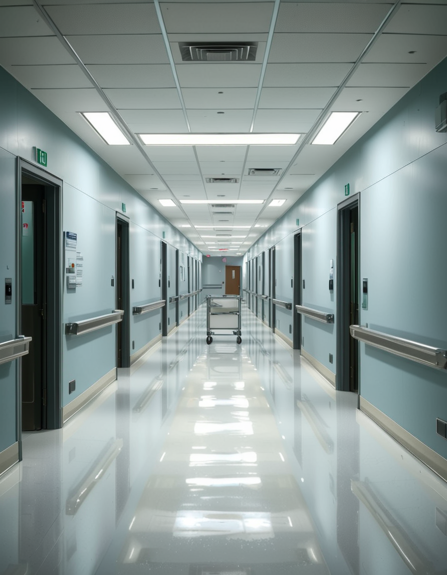 A long, sterile hospital corridor with bright white walls and a polished, reflective floor. The fluorescent ceiling lights cast a cold, clinical glow, emphasizing the cleanliness of the space. The hallway is lined with closed patient rooms, each marked with a small number plate. Stainless steel handrails run along the walls, and a few medical carts are neatly parked near the side. The corridor appears empty, creating a sense of stillness and anticipation. At the far end, a set of double doors with small glass windows leads to another section of the hospital. The atmosphere is quiet, professional, and highly sanitized, evoking a sense of order and precision.
<lora:SDXLFaeTastic2400:0.4> <lora:extremely_detailed:0.4> extremely detailed, <lora:sterile_hospital_c0rr1d0r:1>,sterile hospital c0rr1d0r, Masterpiece,best quality,hi res,8k,hi res,8k,award winning,(sharp focus, intricate, highly detailed),