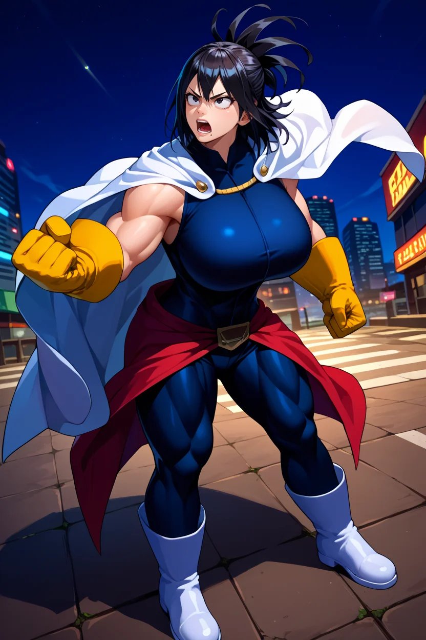 score_9, score_8_up, score_7_up, score_6_up, source_anime, 1girl, solo <lora:shimuranana-pdxl-nvwls-v1-000005:1> nshimura, black hair, folded ponytail, black eyes, mole under mouth, black bodysuit, sleeveless, white cape, yellow gloves, belt, white boots, huge breasts, fit, flex, clenched hands, yelling, serious, city, night, wide shot, standing, looking up, full body