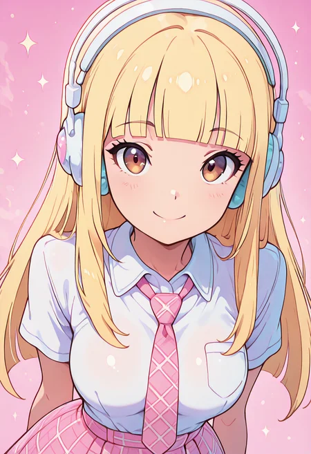 masterpiece, best quality, solo, curvy, beautiful eyes, narrow waist, wide hips, 1girl, solo, smile, looking at viewer, foreshortening, close up, anime screenshot, zzPearlCitron, brown eyes, blonde hair, long hair, straight hair, blunt bangs, white headphones, pink necktie, collard shirt, white shirt, plaid skirt, pink skirt, shirt tucked in, ,<lora:PearlRakuCitronOC_IXL:1.0>, , solo, looking at viewer, smile, k4w4iim1r41, cute outfit, pastel, <lora:KawaiiMirai_IXL:1.0>,